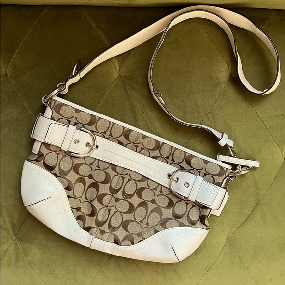 Coach Signature White Leather Jacquard Canvas Hobo Shoulder Bag Handbag Purse - Picture 2 of 12